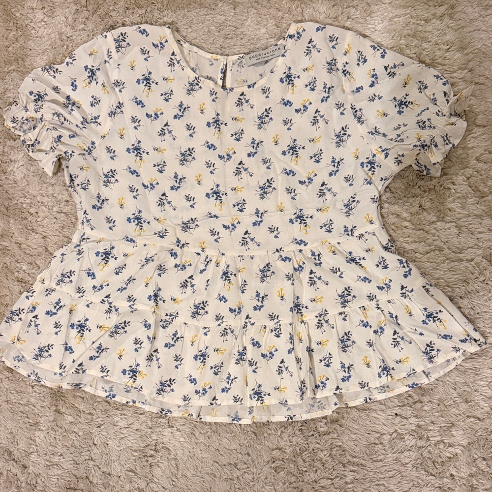 Paper Crane White Peplum Blouse with Blue & Yellow Floral Print
